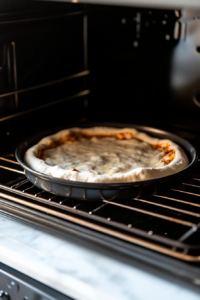 This image shows the fathead pizza dough baking in the oven, turning golden brown and forming a firm crust.