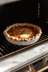 This image shows the pie being baked in the oven, allowing the cinnamon-sugar topping to caramelize and the filling to set into a rich, creamy texture.