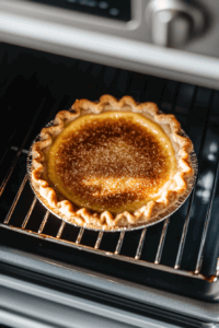 this image shows a glimpse of the pie baking inside a hot oven, with the edges of the crust turning golden brown as the custard filling sets beautifully.