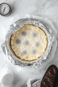 This image shows a pie crust baking in the oven until golden brown, forming a firm and flavorful base for the vegan lemon meringue pie.