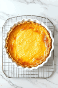 This image shows the pumpkin pie baking in the oven, with the filling setting and developing a golden-brown surface, ready for cooling.