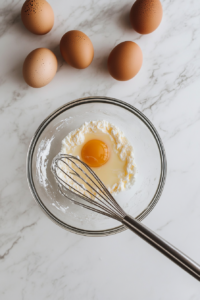 This image shows an egg being whisked in a small bowl to create an egg wash for dipping shrimp before coating with the crumb mixture.