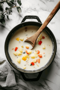 This image shows a spoon being used to taste the soup, with salt and pepper shakers nearby, ensuring the seasoning is perfect before serving.