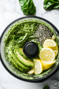this image shows Ingredients in the food processor being blended into a rich, smooth avocado pesto sauce, perfect for coating the pasta in vibrant, fresh flavors.