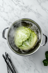 This image shows a pot of boiling water with a cabbage head submerged, softening the leaves for easy rolling.
