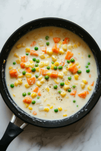 this image shows The sauce coming to a low boil, thickening and becoming creamy as it prepares to be mixed with the pasta and vegetables.