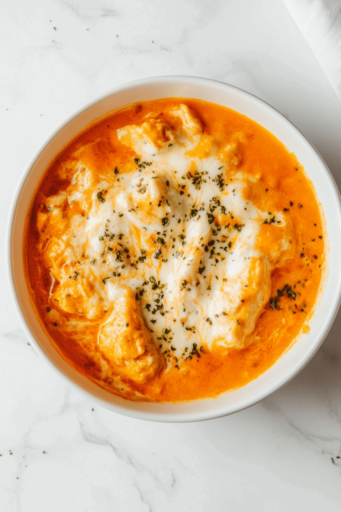 this image shows A rich and creamy buffalo chicken dip topped with gooey melted cheese and fresh cilantro for an irresistible appetizer.