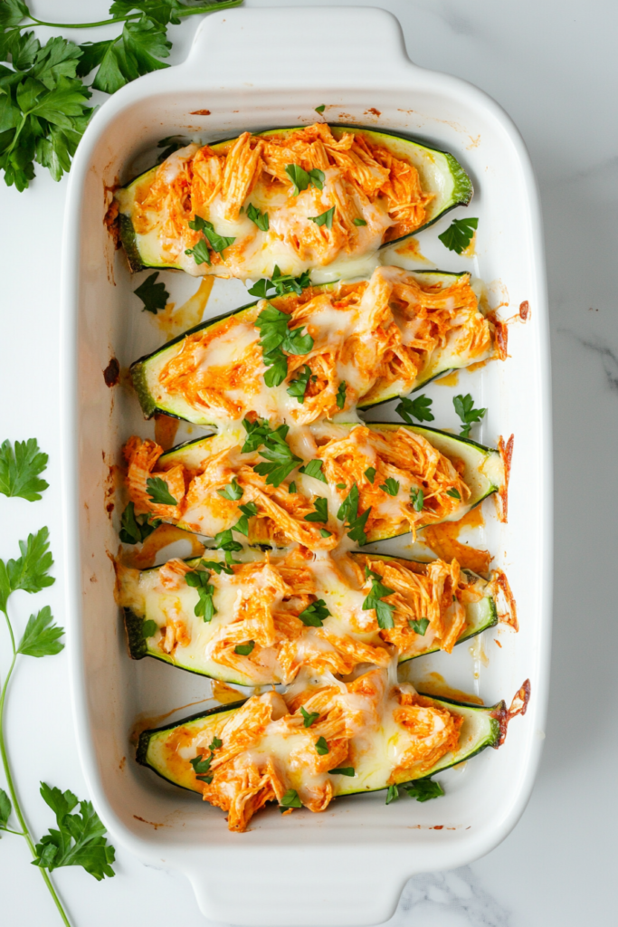 this image shows Mouthwatering Buffalo Chicken Zucchini Boats, with hollowed zucchini halves generously stuffed with a spicy and savory chicken mixture, served in a rectangular dish for a satisfying meal.