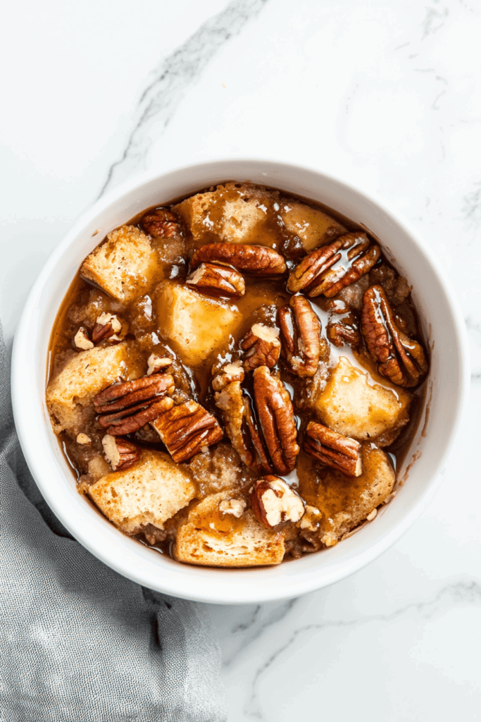 This image displays a rich and comforting butterscotch-pecan bread pudding, studded with toasted pecans and golden bread pieces.