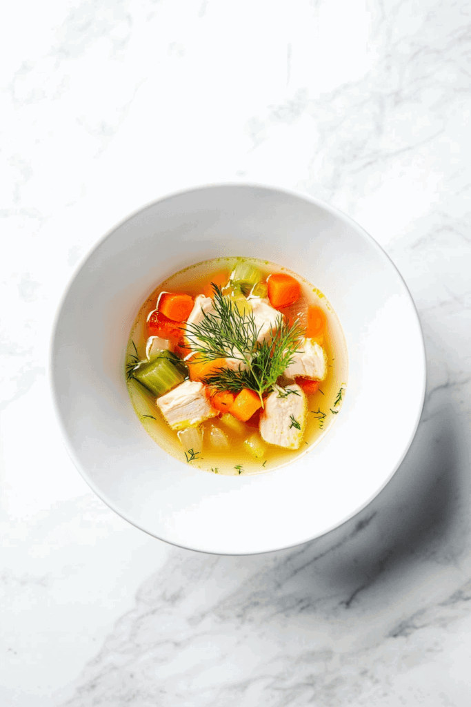 this image shows A comforting slow-cooker chicken soup enriched with vegetables like carrots and beans, garnished with thyme.