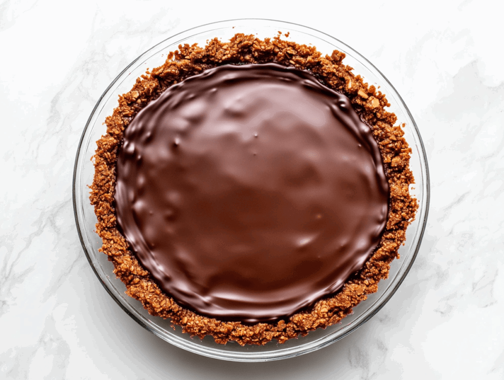this image shows a decadent chocolate truffle pie served in a glass dish, featuring a creamy filling made with dark chocolate, raw cacao powder, and coconut milk, layered over a pecan crust and topped with a dusting of cocoa powder for a rich, indulgent dessert.