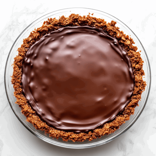 this image shows a decadent chocolate truffle pie served in a glass dish, featuring a creamy filling made with dark chocolate, raw cacao powder, and coconut milk, layered over a pecan crust and topped with a dusting of cocoa powder for a rich, indulgent dessert.