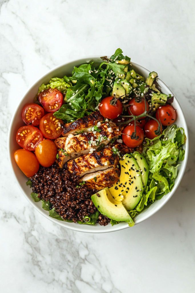 This image shows a hearty chopped power salad in a white bowl featuring green-leaf lettuce, spinach, shredded chicken, grape tomatoes, cucumber, slivered red onion, and sliced pepperoncini.