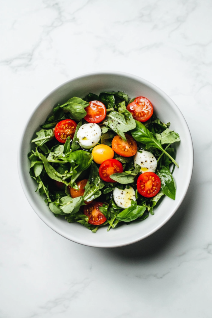 This image shows a white bowl filled with a fresh chopped salad made with basil, mozzarella, and cherry tomatoes, drizzled with balsamic vinegar for a flavorful finish.