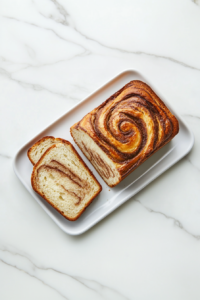 This image shows a freshly baked cinnamon swirl bread loaf presented on a white rectangular plate, with slices on the side showcasing its soft texture and cinnamon-filled layers.