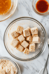 This image shows coated tofu nuggets resting on a wire rack, ready to be fried into crispy and spicy nuggets.