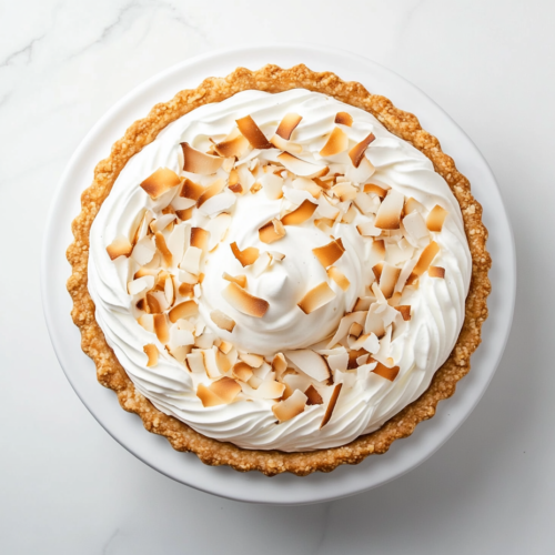 This image shows a beautifully presented coconut cream pie on a white round plate, featuring a creamy coconut center topped with golden toasted coconut shavings for added texture and flavor.