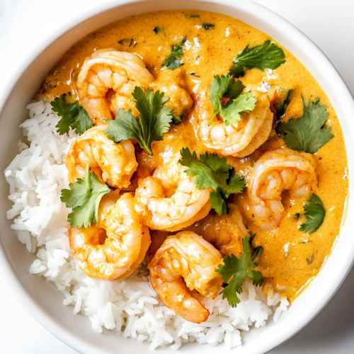 This image shows a white bowl filled with creamy coconut curry shrimp, accompanied by a side of steamed rice and garnished with fresh cilantro, making for a vibrant and flavorful dish.