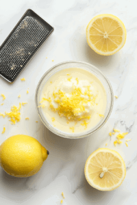 This image shows lemon juice, zest, and extract being carefully folded into whipped coconut cream and condensed milk to create the tangy filling for the vegan lemon pie.
