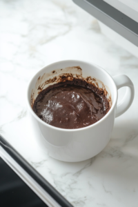 This image shows the mug placed in a microwave, with the chocolate mug cake batter rising and cooking to form a fluffy and rich dessert.