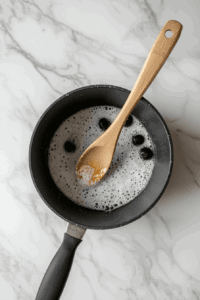 This image shows a saucepan filled with bright red cherries simmering on the stove, releasing their juices and forming a luscious filling.