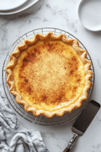 An image of the freshly baked vegan custard pie placed on a cooling rack, later to be refrigerated for a firm and creamy texture.