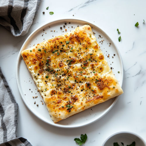 this image shows A square-shaped cottage cheese flatbread served on a white round plate, topped with a sprinkle of Italian seasoning for a flavorful and healthy snack.