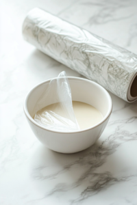 This image shows the freshly cooked vegan pastry cream in a bowl, covered with cling film pressed directly onto the surface to keep it smooth and prevent a skin from forming.
