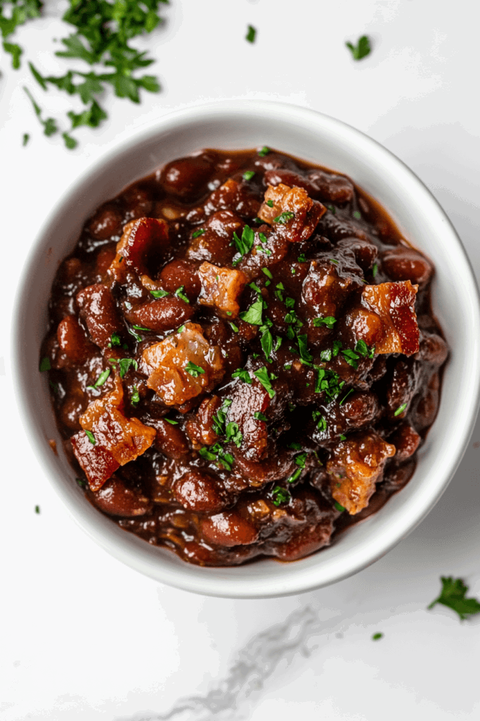 this image shows A robust dish of cowboy beans, slow-cooked and garnished with fresh cilantro and a hint of oregano.