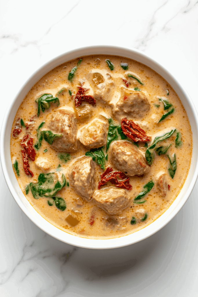 this image shows rich and hearty creamy Tuscan soup, garnished with fresh parsley and thinly sliced red chili for an extra burst of flavor and spice.