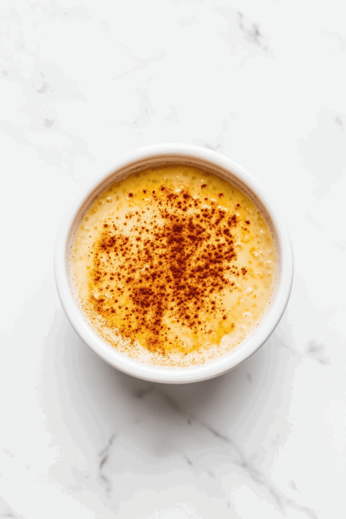 This image displays a luscious bowl of creamy rice pudding, sprinkled generously with cinnamon powder for a comforting and aromatic dessert.