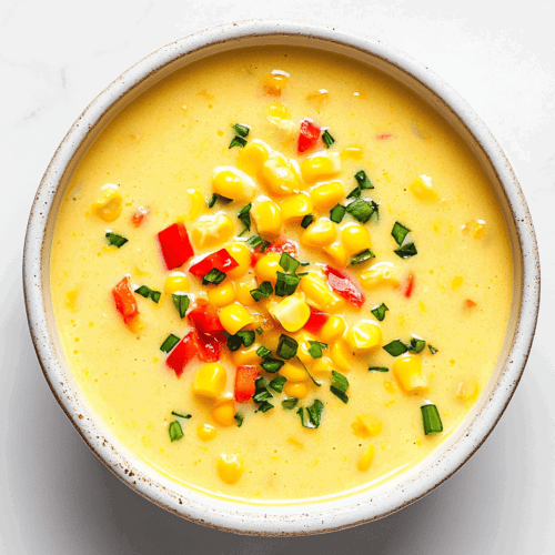This image shows a creamy vegan corn chowder served in a white bowl, enriched with tender corn kernels and diced bell pepper, and garnished with freshly chopped cilantro for a vibrant and flavorful presentation.