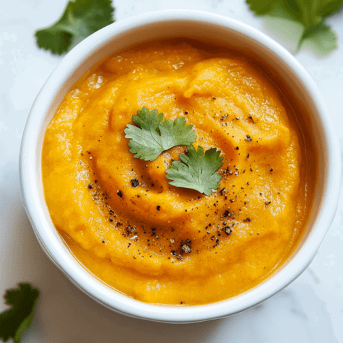 This image shows a creamy vegan sweet potato soup served in a white round bowl, enriched with coconut cream and blended vegetables, and garnished with fresh cilantro and black pepper.