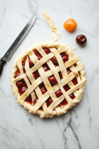 This image shows strips of dough being carefully woven into a lattice pattern on top of the pie, sealing the edges for a decorative finish.