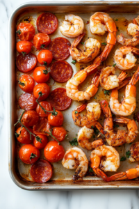 This image shows pepperoni slices crisping up on the sheet pan while roasting, adding texture to the Keto Sheet Pan Shrimp dish.