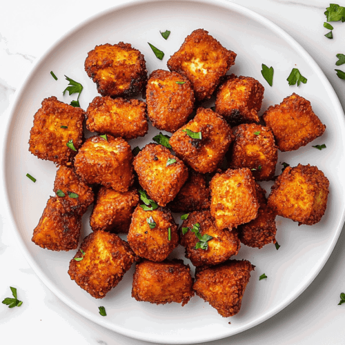 This image shows a top-down view of crispy vegan fried chicken served on a white round plate, garnished with chopped cilantro, ready to enjoy.