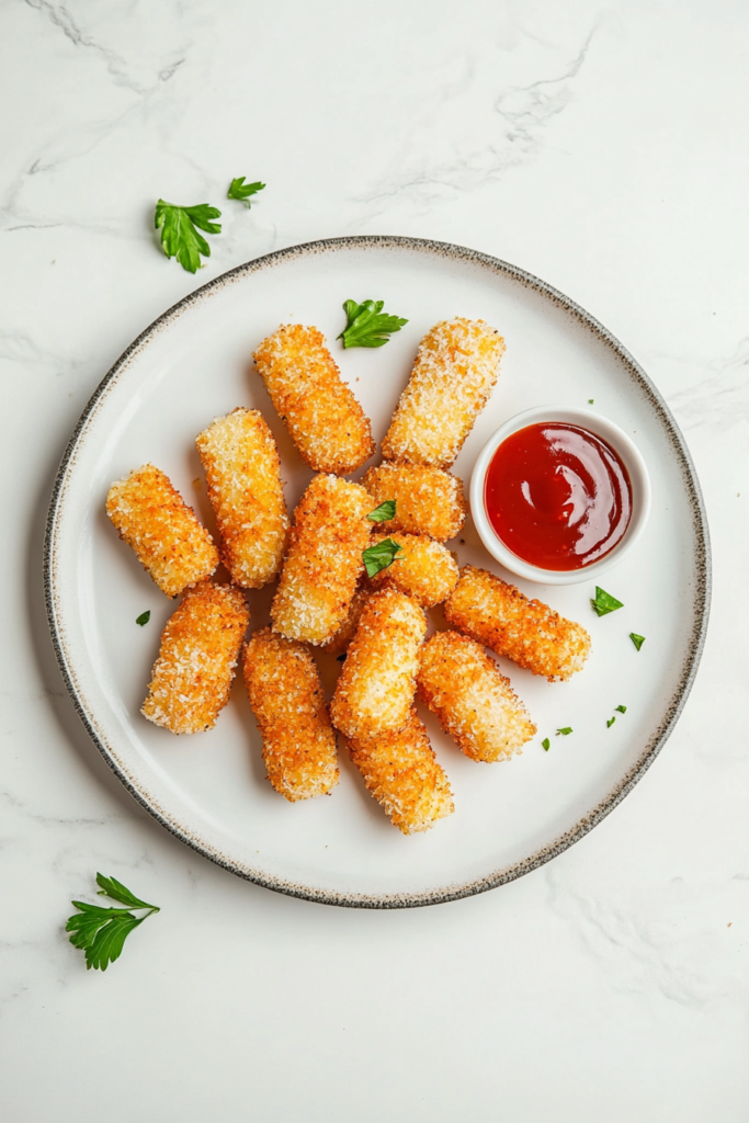 this image shows Irresistibly crispy zucchini fries, coated in golden breadcrumbs and grated Parmesan cheese, arranged on a serving platter as a perfect appetizer or snack.
