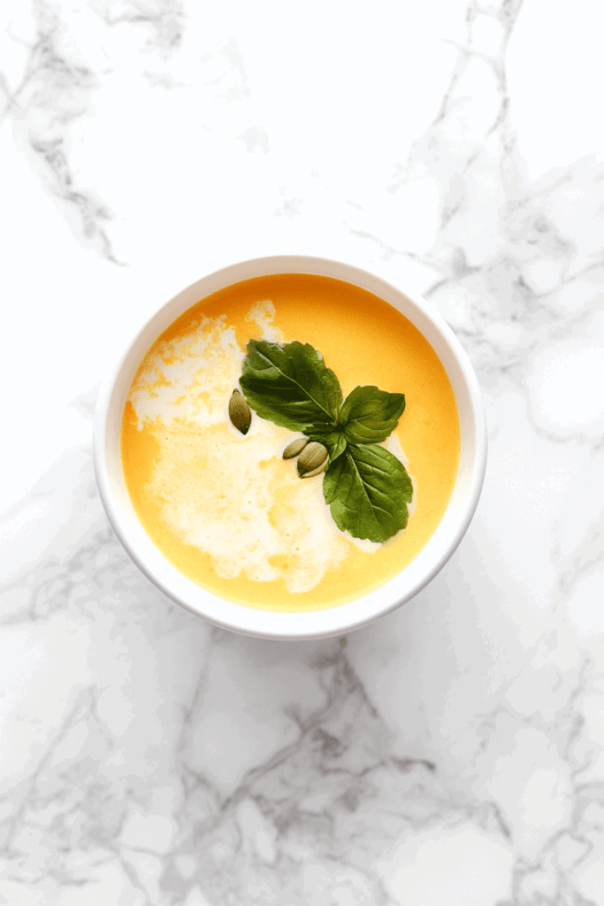 this image shows warm and creamy crock-pot butternut squash soup, served in a white bowl and topped with a fresh parsley leaf for a vibrant touch.