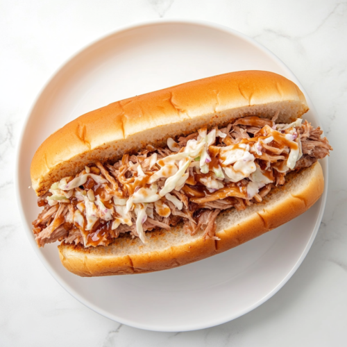 This image shows a delicious serving of Crockpot Pulled Pork presented on a white plate, seasoned with a blend of paprika, brown sugar, salt, and pepper, with tender and juicy meat ready to enjoy.