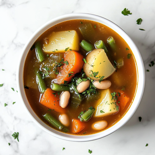 This image shows a hearty bowl of Crockpot Vegetable Soup, featuring tender chunks of potatoes, carrots, and beans in a flavorful broth, served in a white bowl.