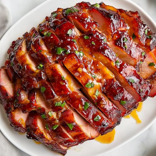 This image shows a beautifully cooked Crockpot ham served on a round plate, coated in a rich glaze made with brown sugar, Dijon mustard, and balsamic vinegar, and slow-cooked to perfection.