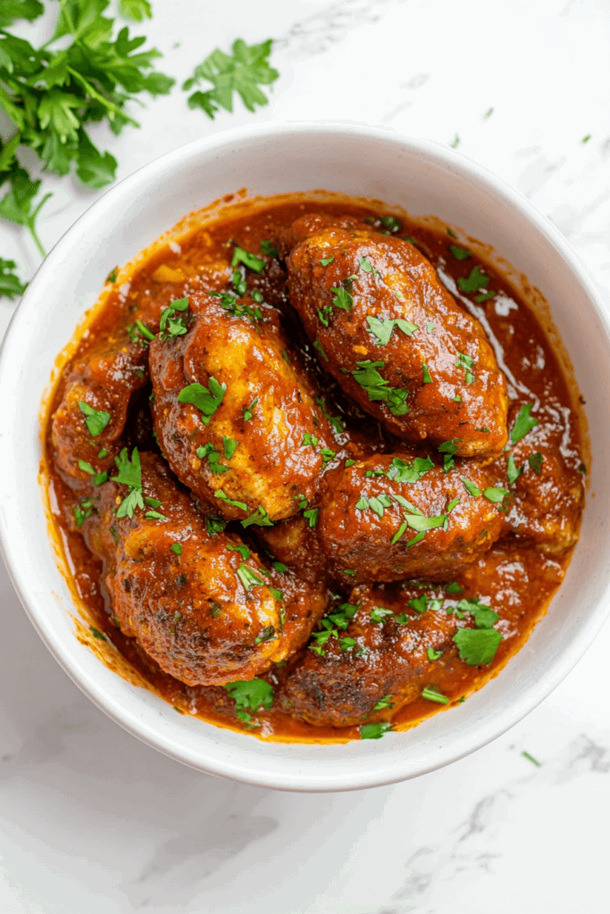 this image shows white bowl filled with tender and juicy crockpot meatballs, garnished with vibrant chopped cilantro for a pop of color and flavor.