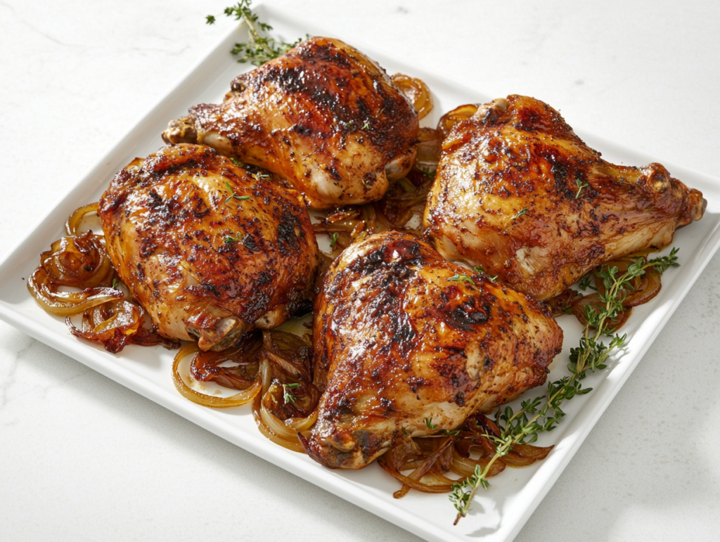 this image shows perfectly cooked whole chicken is served on a square white plate, surrounded by caramelized onions that enhance its flavor, making for a hearty and comforting meal.