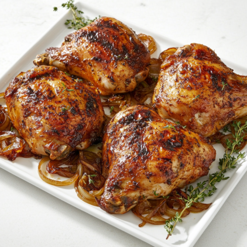 this image shows perfectly cooked whole chicken is served on a square white plate, surrounded by caramelized onions that enhance its flavor, making for a hearty and comforting meal.