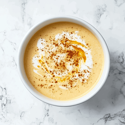 This image shows a creamy curried cauliflower sweet potato soup served in a white ceramic bowl, infused with coconut milk, curry, and cumin, and garnished with a swirl of coconut milk and powdered cinnamon for a warm and flavorful presentation.
