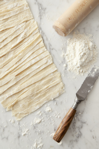 This image shows dough being cut into long, even strips, which will be used to form a decorative lattice pattern on top of the Vegan Linzer Torte.