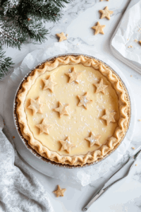 This image shows decorative dough shapes being placed carefully on top of the custard filling for an elegant finish.