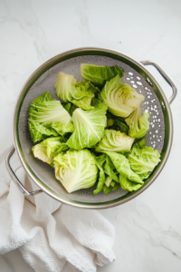 This image shows cabbage leaves being drained and cooled on a wire rack after boiling, ready to be stuffed.