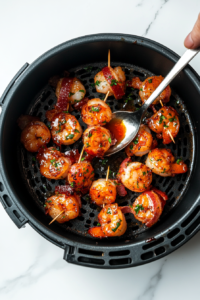 This image shows a generous drizzle of barbecue sauce being poured over bacon-wrapped shrimp to enhance their flavor and create a glossy, appetizing finish.