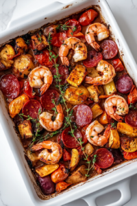 This image shows the final steps of drizzling the sauce over the shrimp and vegetables, then garnishing with fresh herbs to complete the Keto Sheet Pan Shrimp dish.